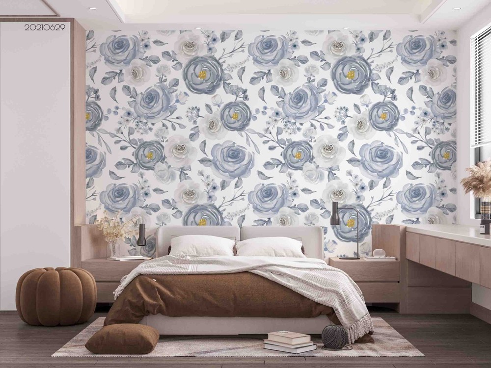 3D Blue Flower Watercolor Pattern Wall Murals Wallpaper Murals Wall Sticker 2