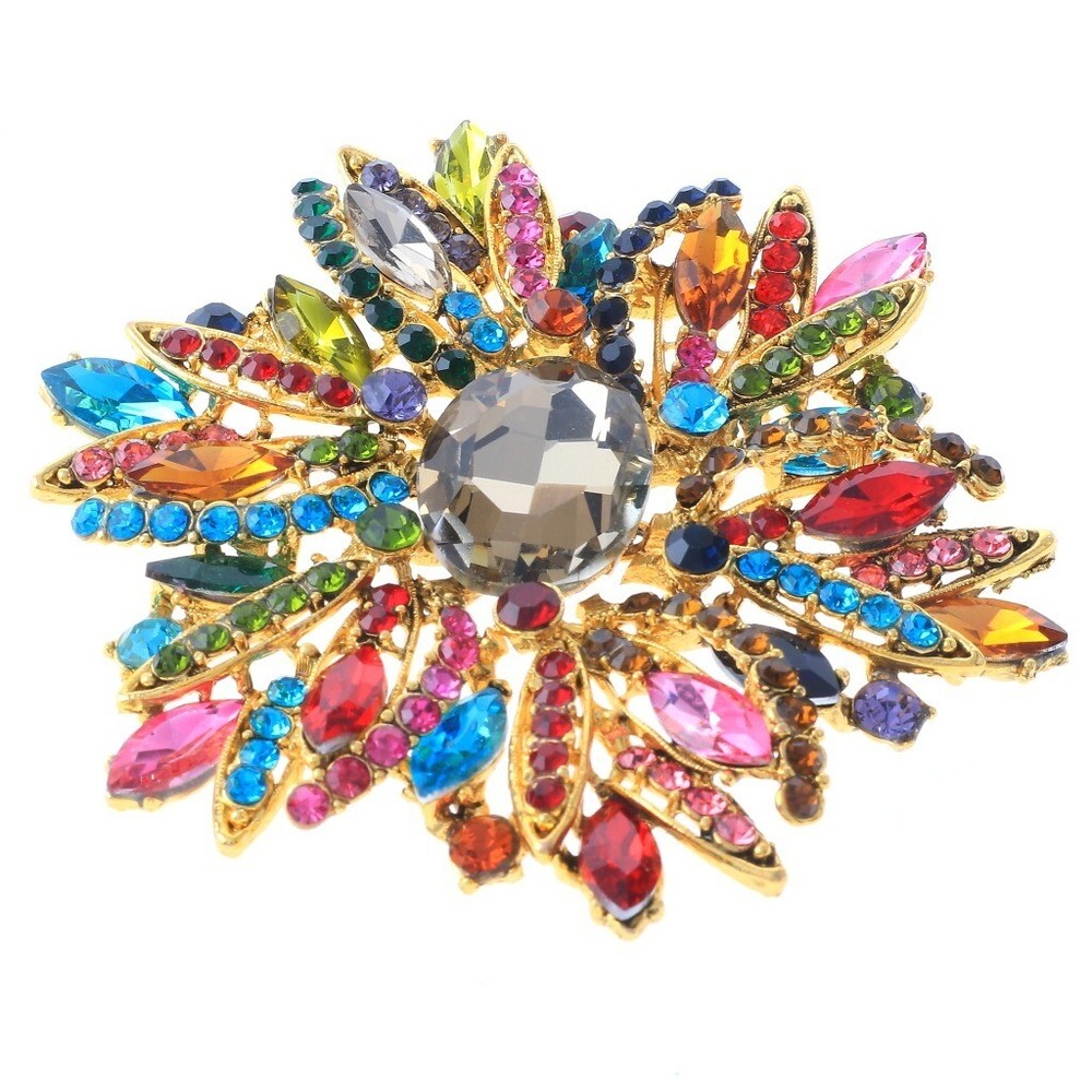 Gold  Tone Metal Flower Brooch With Rhinestone P1041-GMT