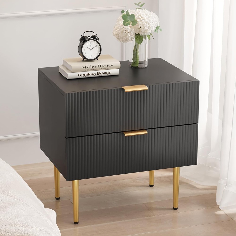 Black and Gold Fluted Panel Nightstand Bedside Table