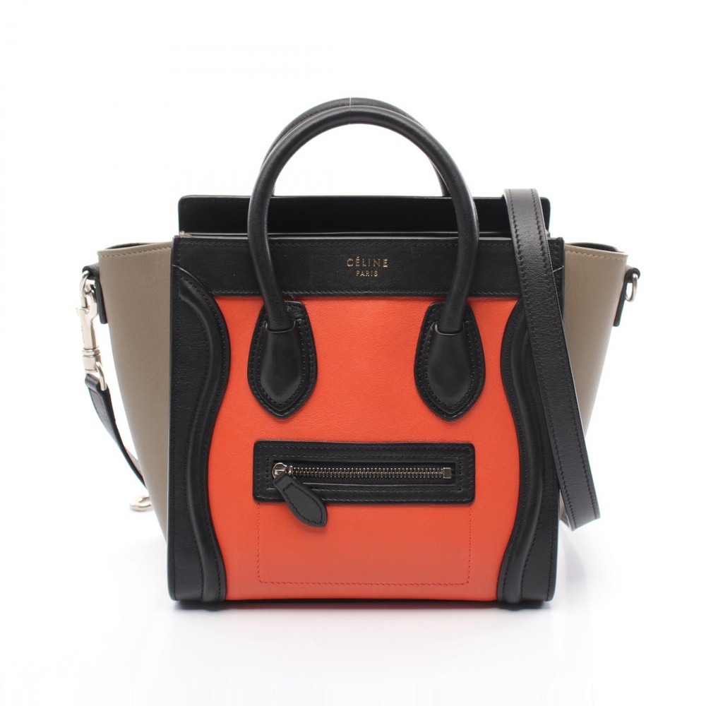 CELINE Luggage Nano Shopper 2way Leather Handbag in Orange Black Beige Pre-Owned