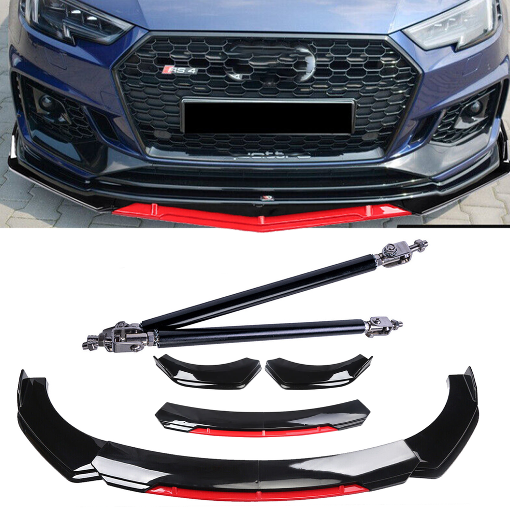 AUDI A3 A4 A5 Glossy Black Front Bumper Lip Chin Splitter Strut Rods