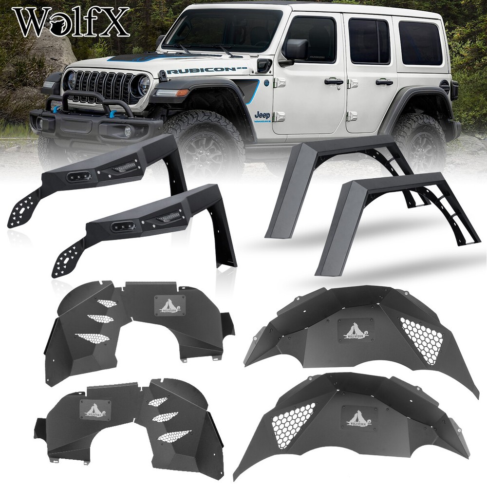 2018-2023 Jeep Wrangler JL JLU Front & Rear Steel Fender Flares with Inner Fender Liners