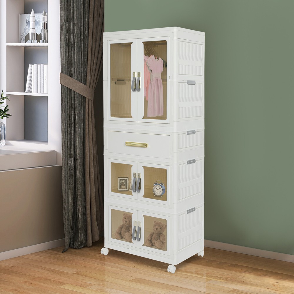 4-tiers Wardrobe Closet Floor Standing Clothes Cabinet Organizer w/ 4* Pulleys