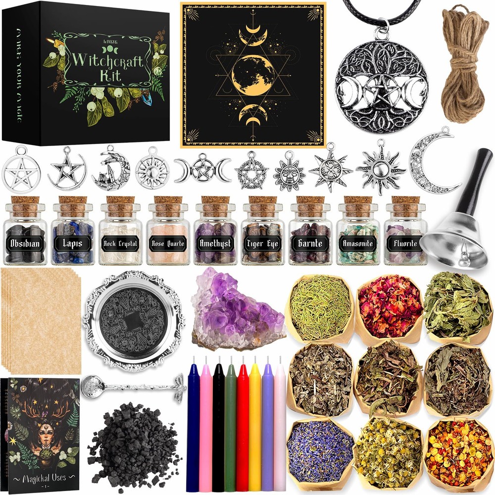 Witchcraft Supplies Kit for Spells, 56 PCS Witch Box Include Dried Herb Cryst...