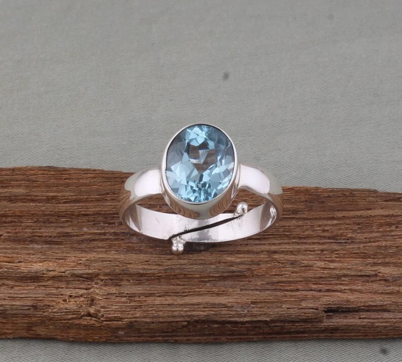 Solid 925 Sterling Silver Handmade Adjustable Blue Topaz Birthstone Ring