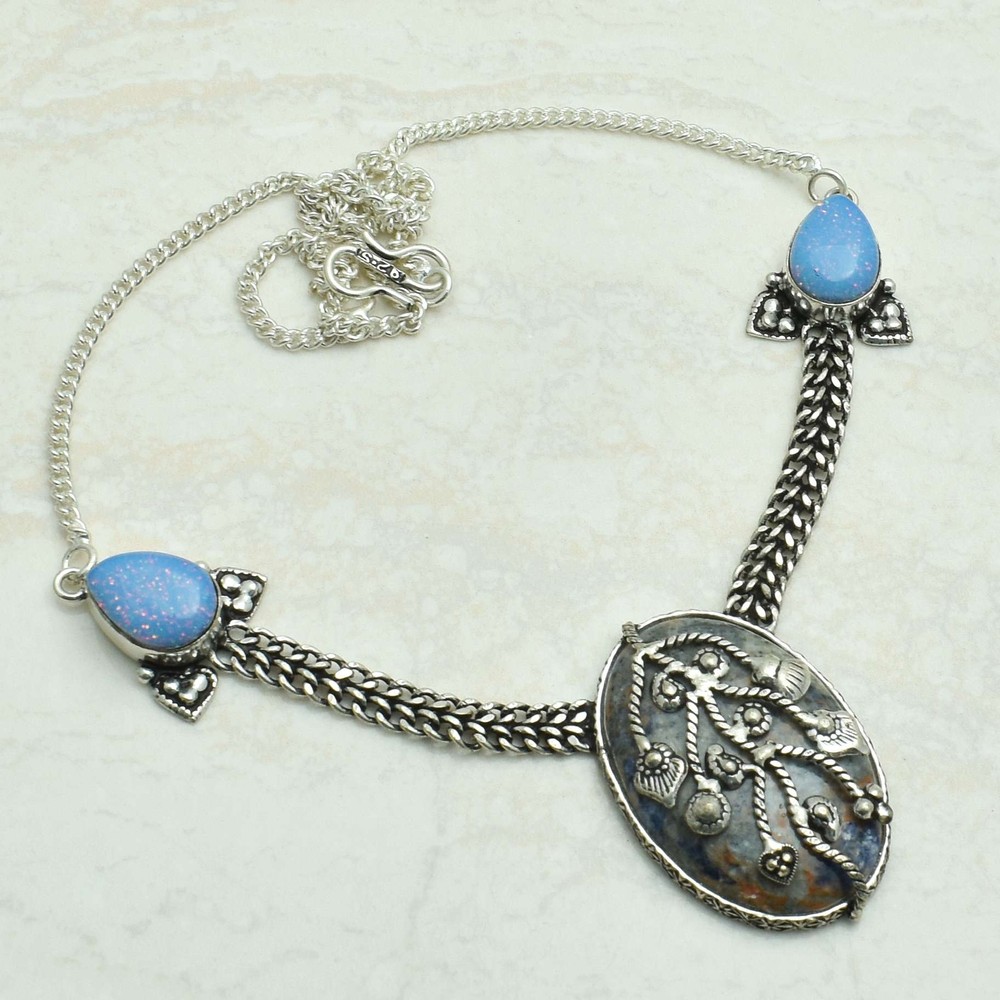 Sodalite Fire Opal Gemstone Ethnic Handmade Necklace Jewelry 22 Gms AN 53114