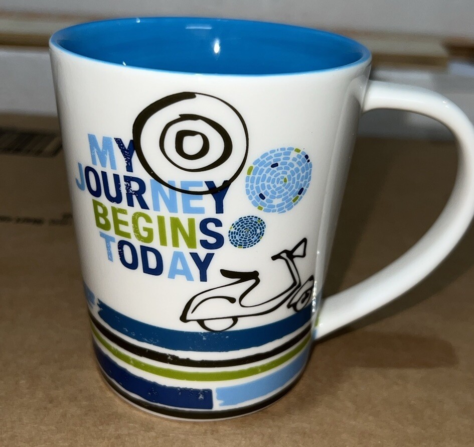 STARBUCKS COFFEE 2008 14 oz MY JOURNEY BEGINS TODAY Scooter Mug Blue Inside EUC