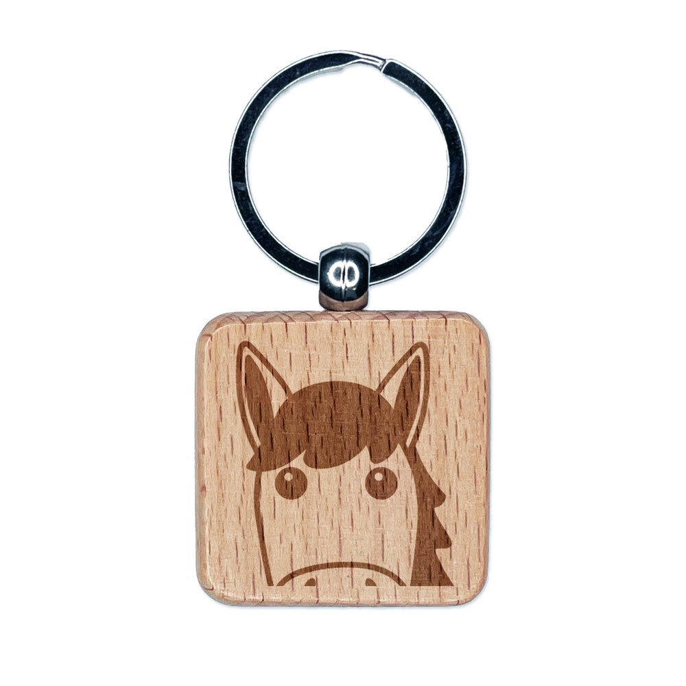 Engraved Wooden Horse Keychain Charm with Square Design