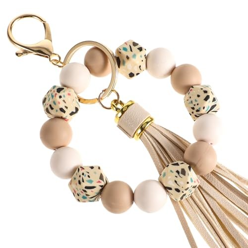 Beaded Silicone Wristlet Keychain Bracelet for Women - Stylish Key Ring Holder