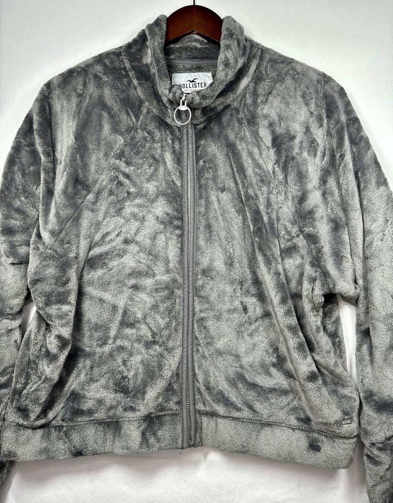 Women’s Hollister Abercrombie Soft Sherpa Fleece Jacket Full Zip Gray Sz Large