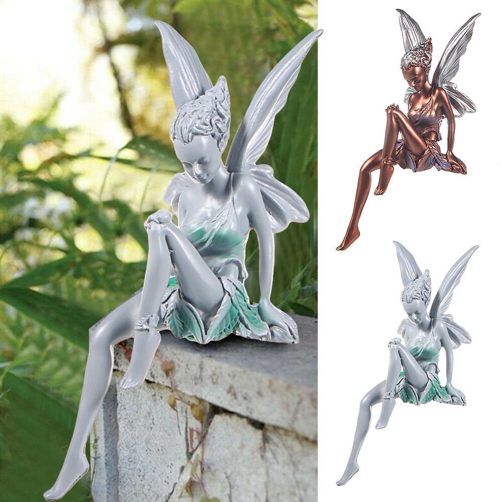 Flower Fairy Sculpture Garden Landscaping Resin Sitting Statue Craft WHI/BLK