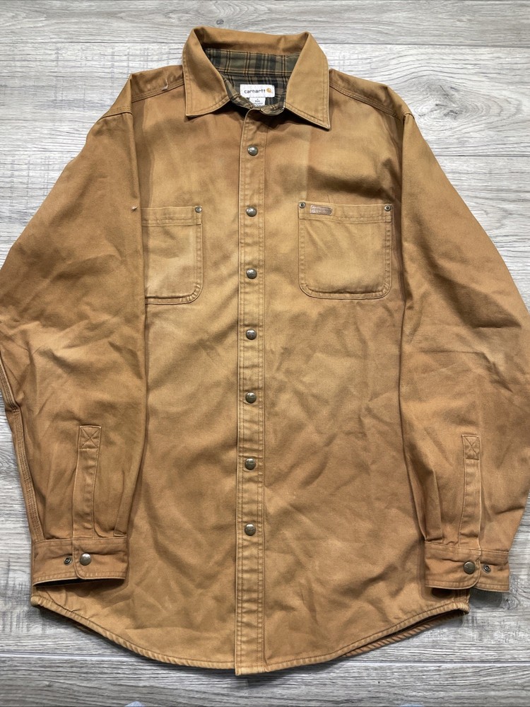 Carhartt Men's Brown Plaid Flannel-Lined Snap Button Canvas Shacket