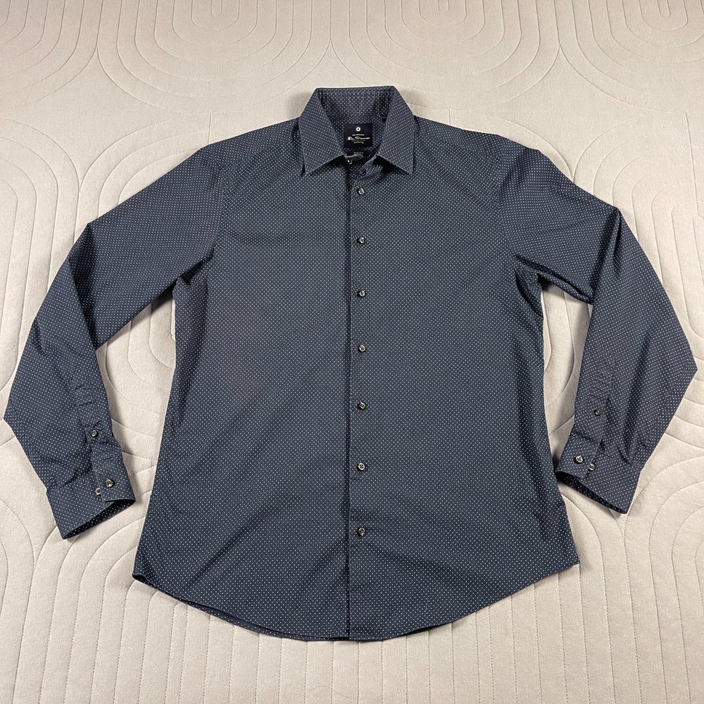 Ben Sherman Tailored Fit Shirt Mens 15.5 34/35 Navy Dot Stretch Dress Casual