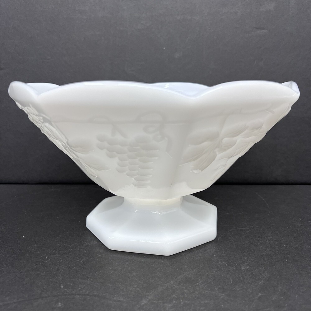 Vintage 1950's Indiana Milk Glass Large Footed Embossed White Fruit Bowl 5” X 9”