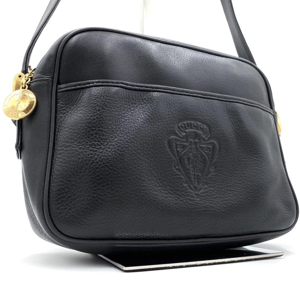 Gucci Vintage Camera Bag Black Embossed Logo Interlocking Leather Rare