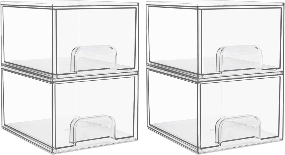 4 Pack Clear Stackable Acrylic Drawers 4.4 Inch Bathroom Organizer Bins