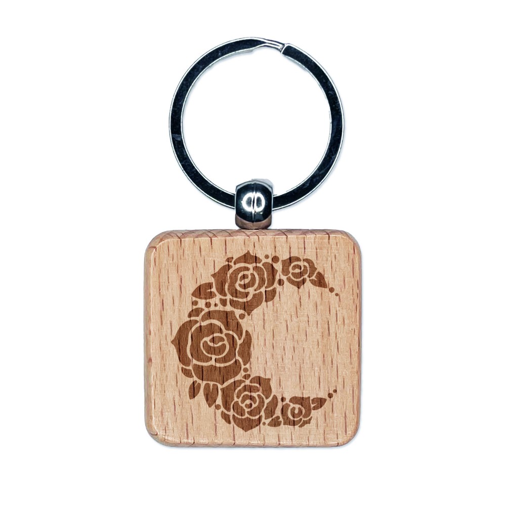 Floral Moon Roses Engraved Wood Square Keychain Tag Charm