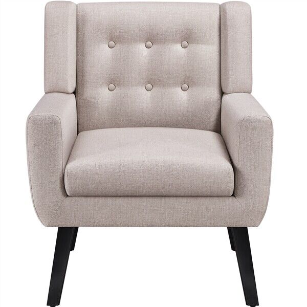 Button Tufted Armchair w/ Sturdy Wood Legs & Removable Seat Cushion,Beige