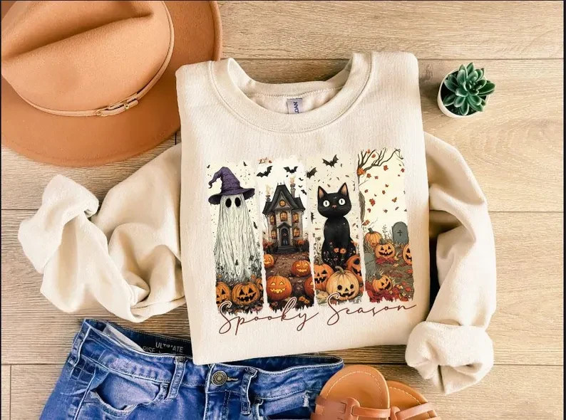 Unisex Spooky Season Sweatshirt Halloween Ghost Cat Pumpkin Pullover Multiple