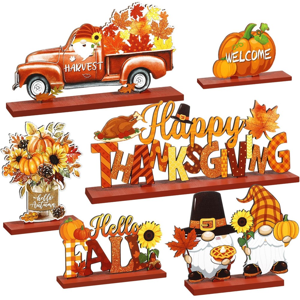 Blosssound 6-Piece Wooden Fall Thanksgiving Table Decor Signs Hello Autumn Autumn Harvest  