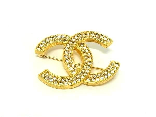 CHANEL Coco Mark 174 Rhinestone Pin Brooch Badge Gold Tone 622462