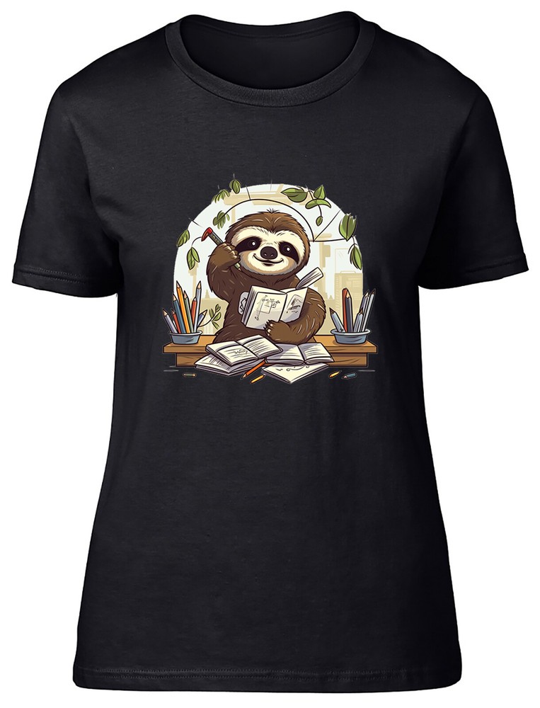 Back to School Womens T-Shirt Sloth Books Pens Stationary Ladies Gift Tee-image