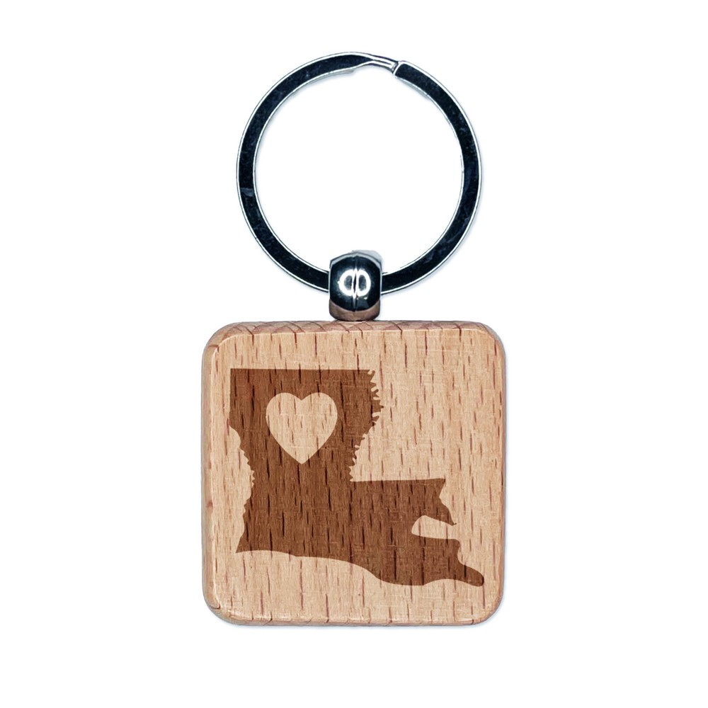 Louisiana State Wooden Keychain with Heart Engraving Charm