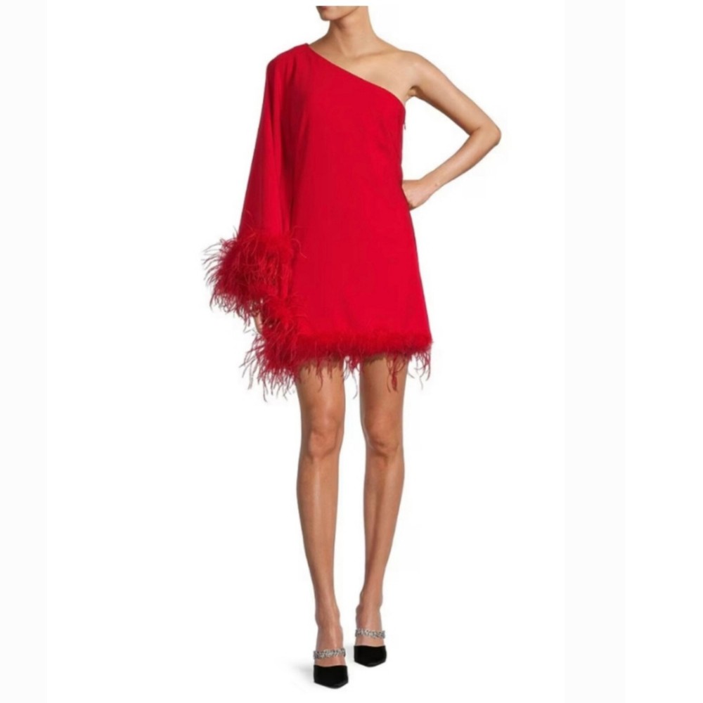 Vestido con ribete de plumas escote asimétrico manga única Antonio Melani Cosima talla 14