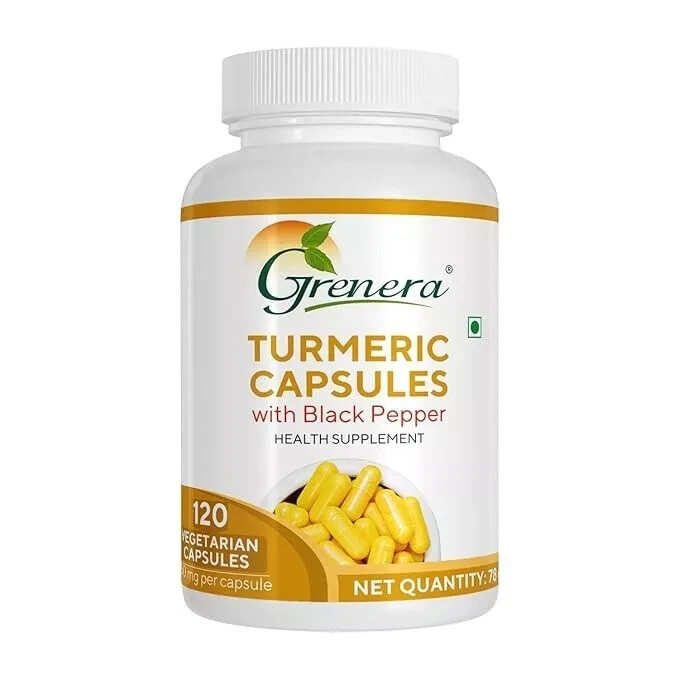 Grenera Turmeric Capsules (Haldi with Black Pepper) 650 mg 120 Veg Caps.