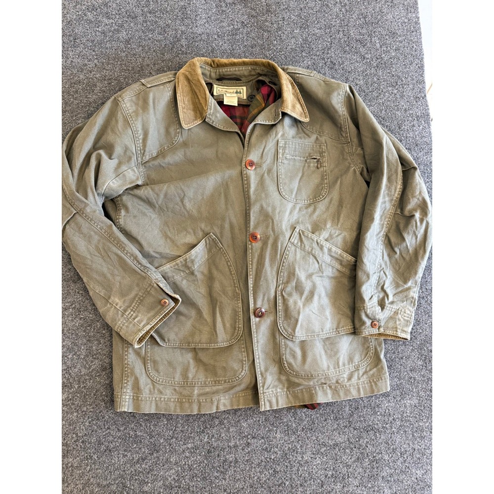 LL Bean Mens Original Field Coat Olive Green Plaid Lined Jacket Size Medium