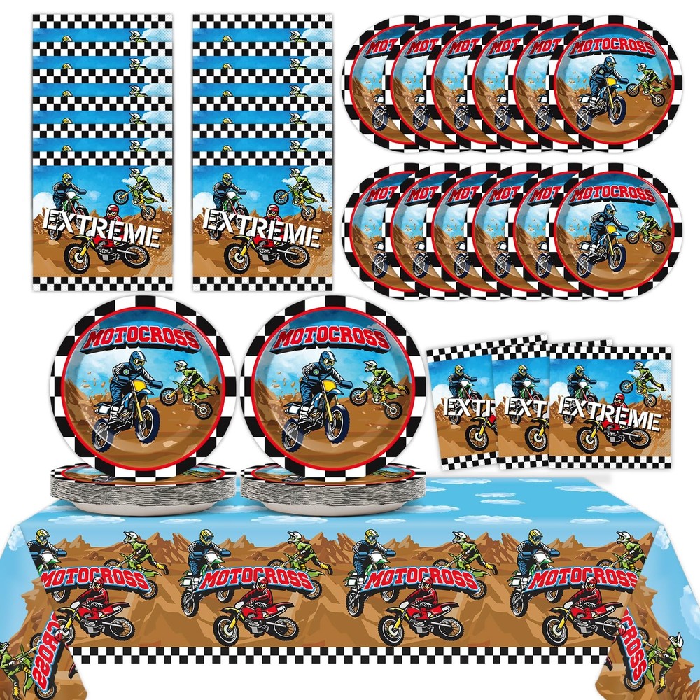 Dirt Bike Birthday Party Supplies for 24 Guests with Motorcycle Plates and Napkins
