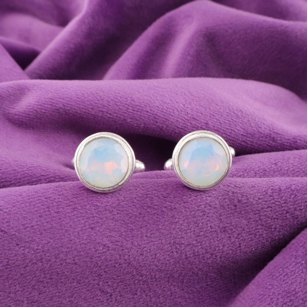 925 Silver October Birth Natural Milky Opal White Designer Anniversary Cufflinks