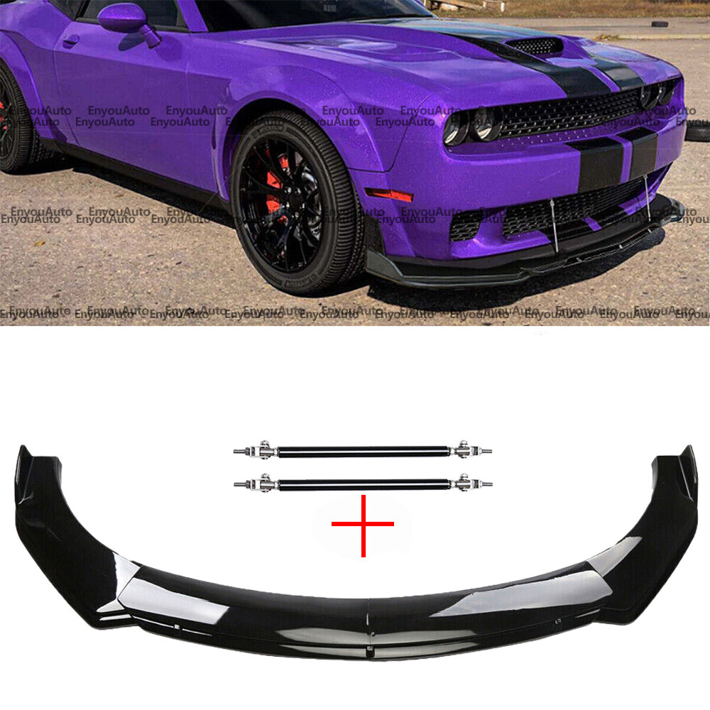 For Dodge Challenger SRT SXT Front Bumper Lip Spoiler + Strut Rods Glossy Black