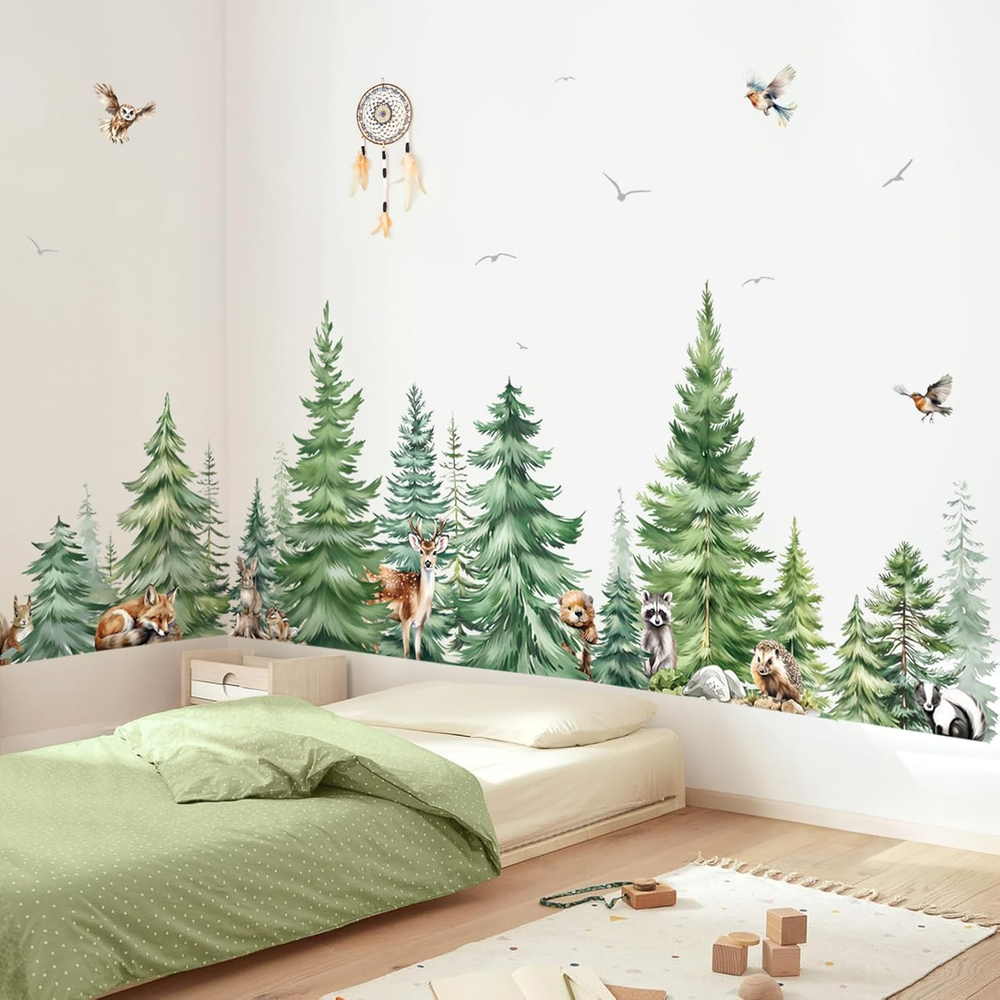 Large Watercolor Pine Tree Animals Wall Stickers Woodland Forest Tree Fox Deer