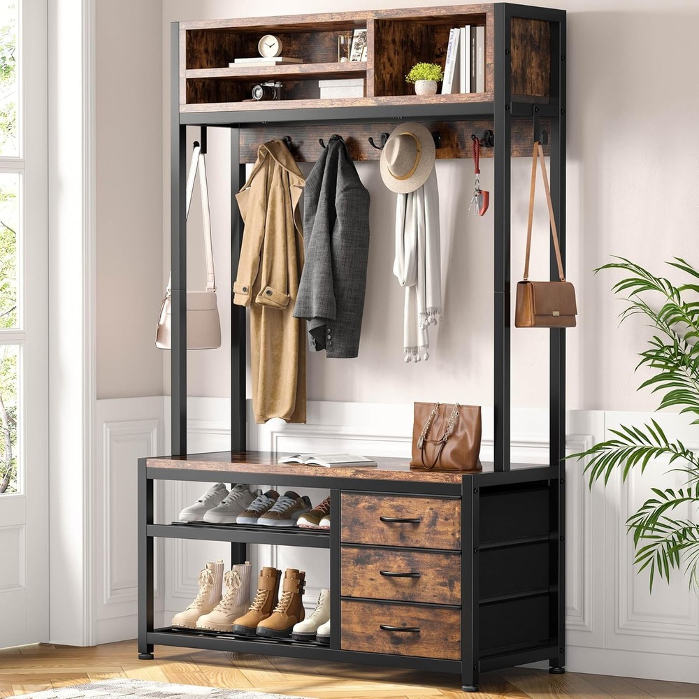 Hall Tree Bench with Shoe Storage and Fabric Drawers Freestanding Coat Rack