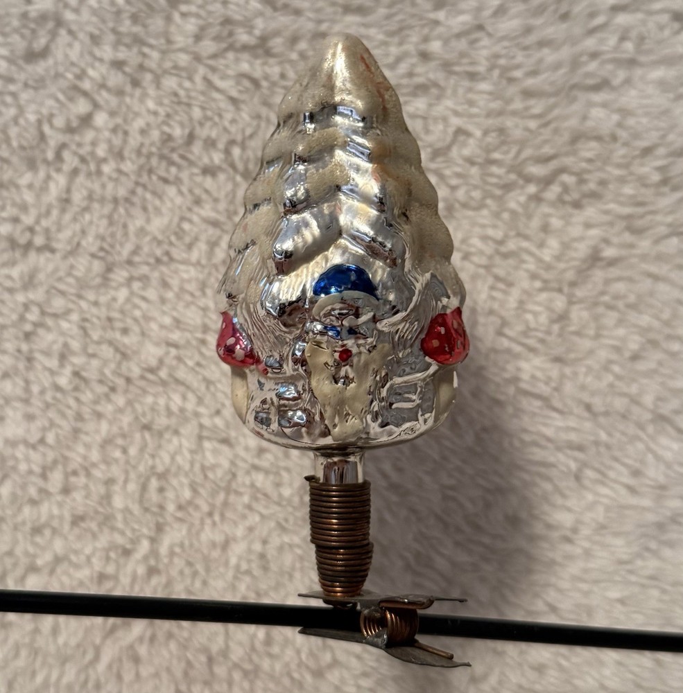 Antique Glass Gnome&Mushrooms On A Tree Clip On German Christmas Ornament 4”