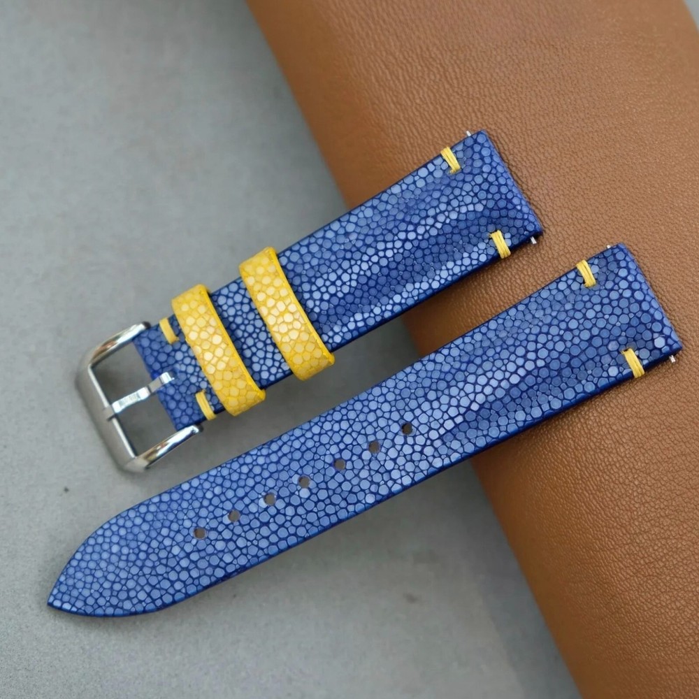 Quick Release Stingray Watch Band, Blue/Yellow Leather Watch Strap Handmade Gift