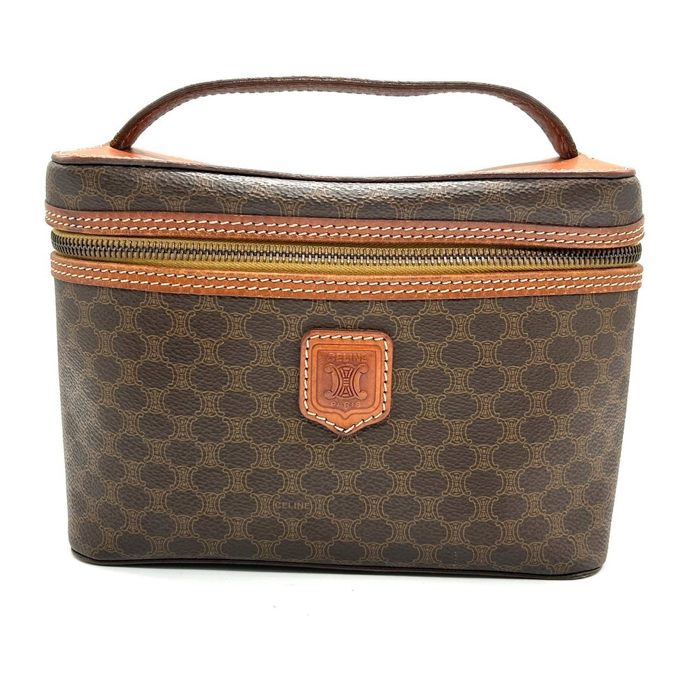 CELINE Macadam PVC Leather Hand Vaity Pouch Brown Pre-Owned Authentic 0157
