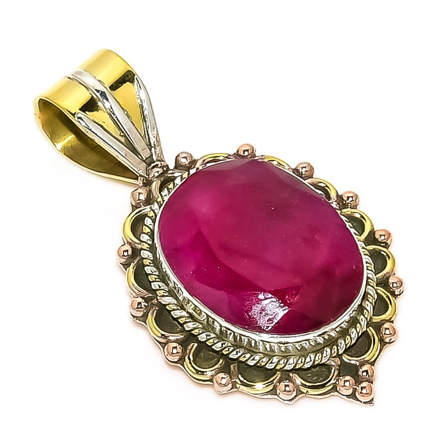 Red Ruby Simulated 925 Sterling Silver Two-Tone Pendant 1.25 Inch