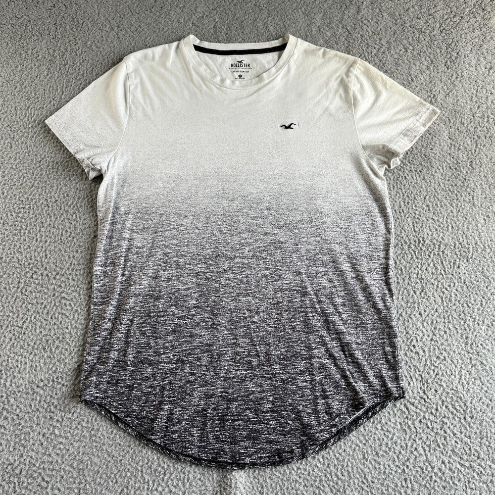 NEW Hollister T Shirt Mens Medium White Gray Curved Hem Tee Ombre Casual Preppy