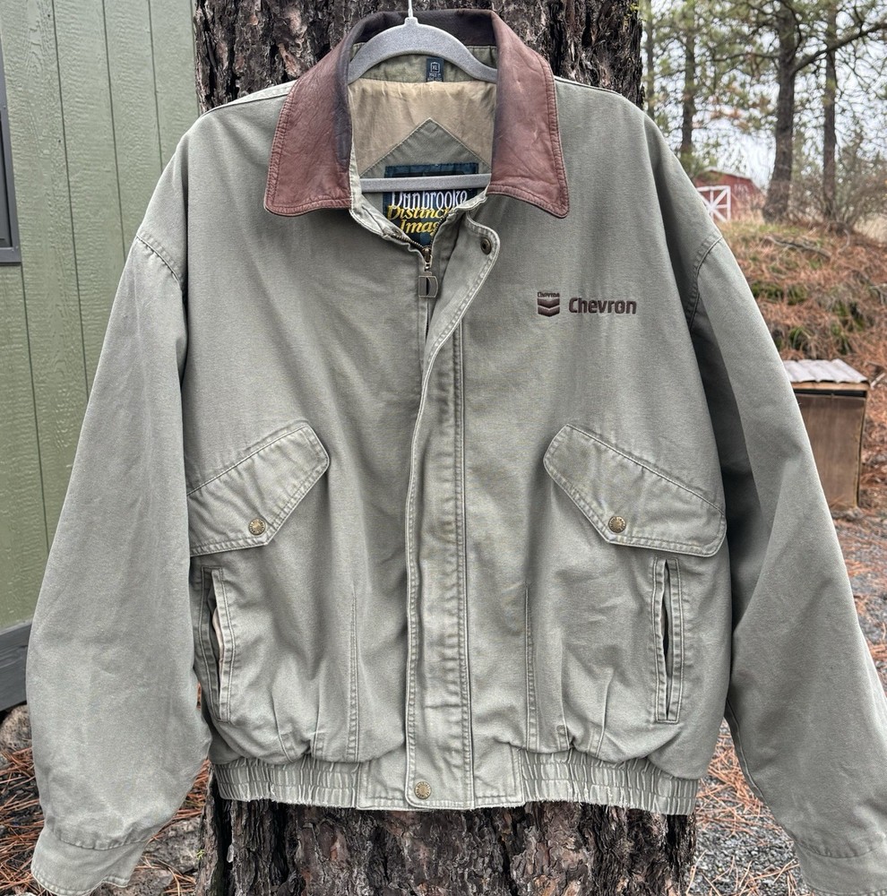 Vintage Dunbrooke Chevron Green Bomber Jacket Brown Leather Collar Embroidered