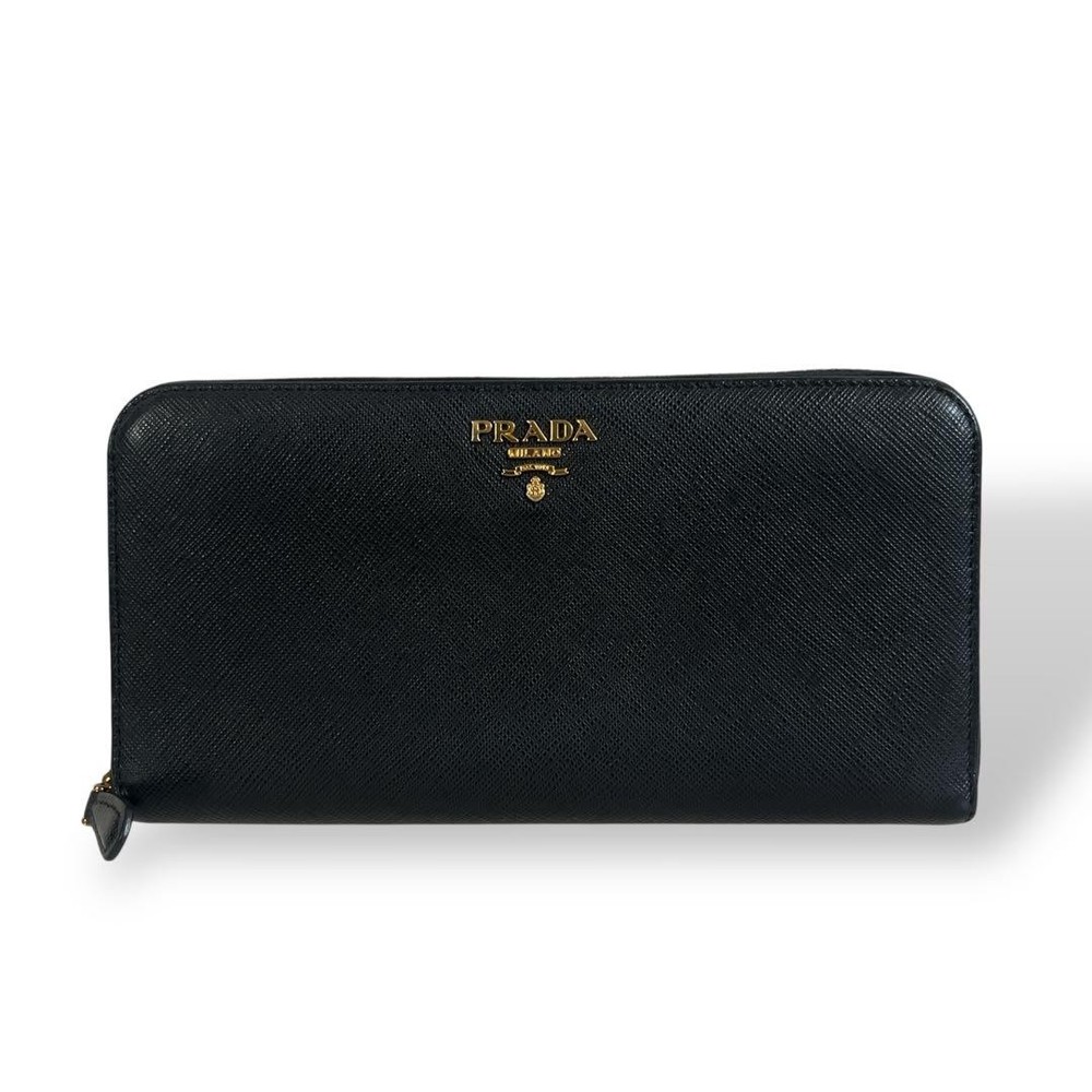Prada Saffiano Leather Long Wallet with Metal Logo and Round Zipper