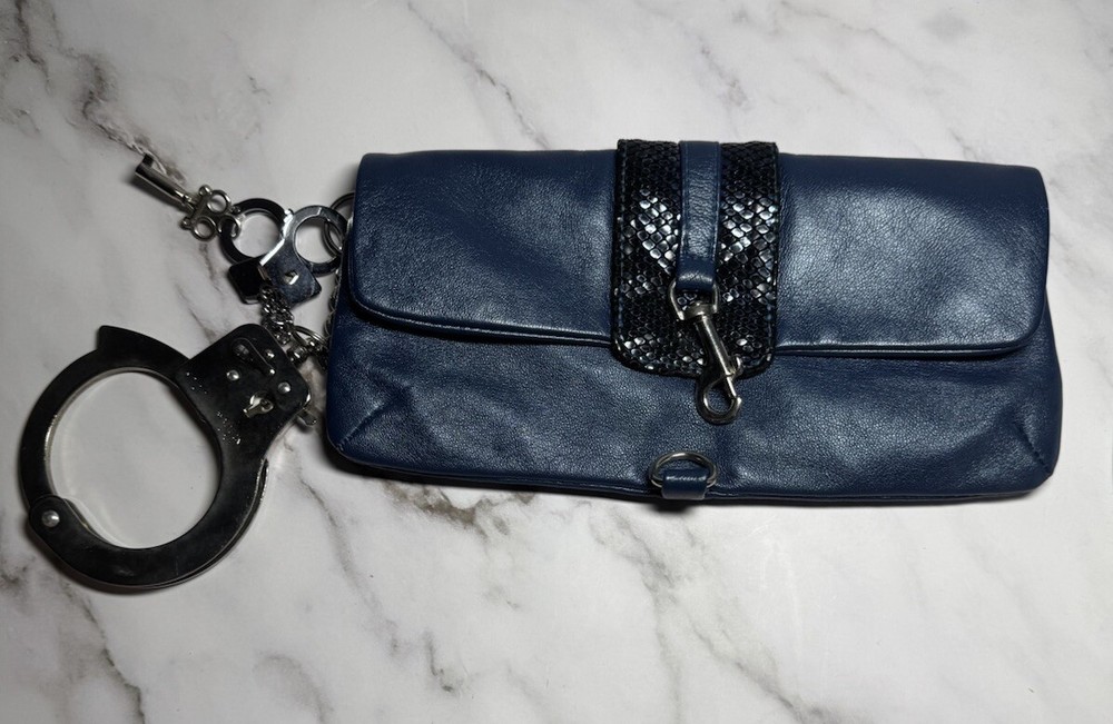 CUFFZ BY LINZ Y2K HANDCUFF CLUTCH Navy Blue mini sequin handcuff Leather bag