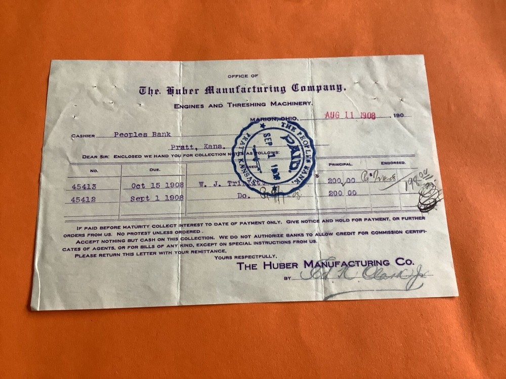 U.S. The Huber Manufacturing Company Marion Ohio 1908  Receipt R40284
