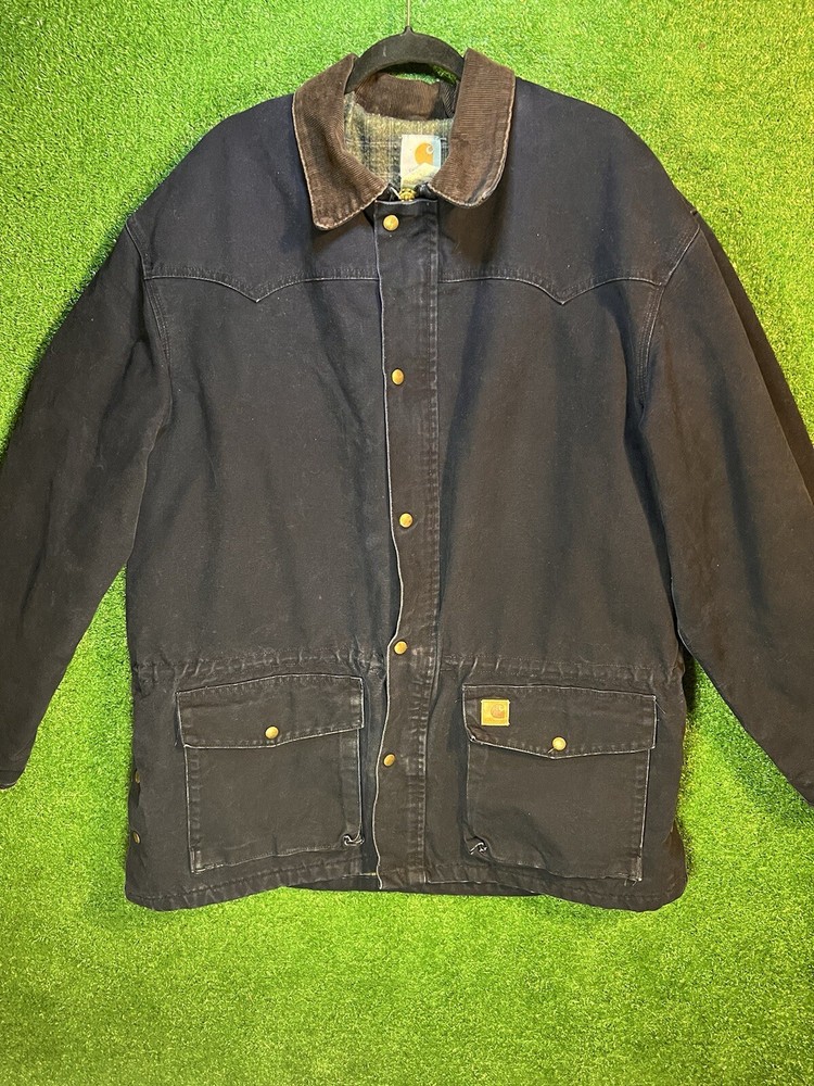 Vintage Carhartt Barn Jacket Navy Blue Quilted Work Chore Coat XL