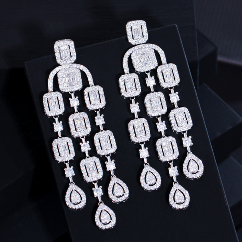 Elegant Silver Plated Cubic Zirconia Long Tassel Dangle Drop Chandelier Earrings
