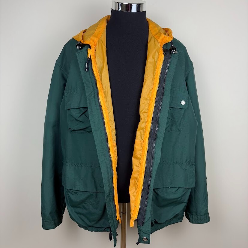 Banana Republic Jacket Dark Green Removable Hood Liner Yellow Sz L Y2K Rainproof