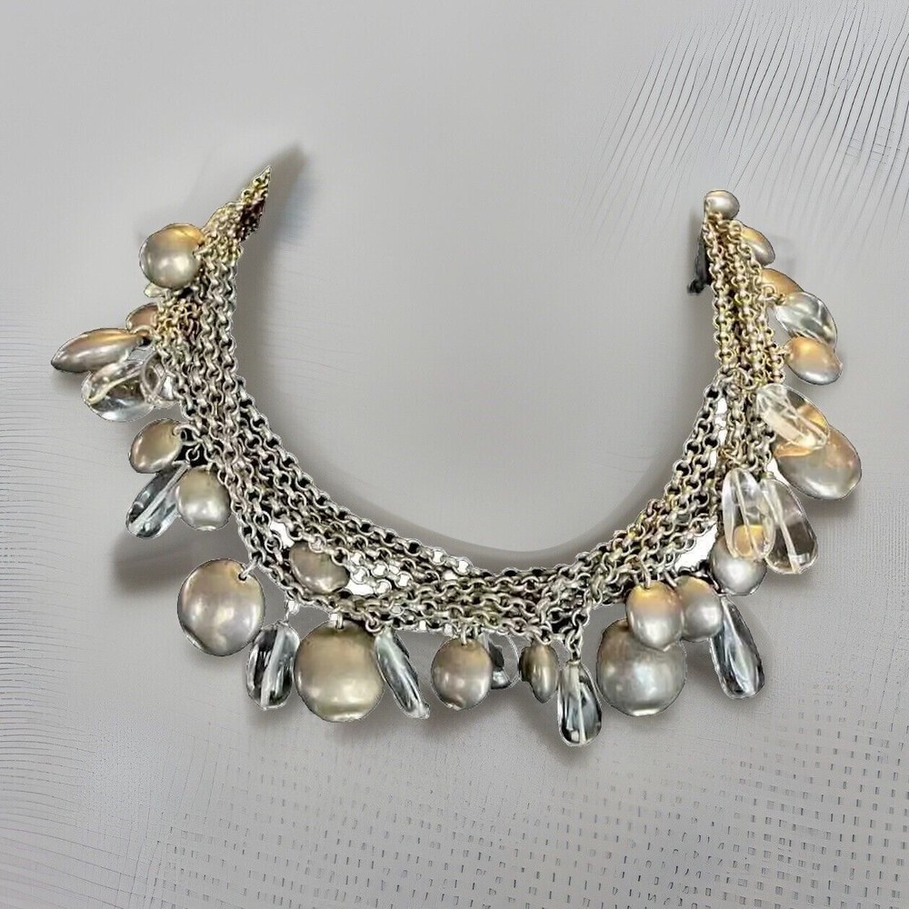 Celia Landman Sterling Silver Multi Strand Clear Glass & Silver Bead Necklace