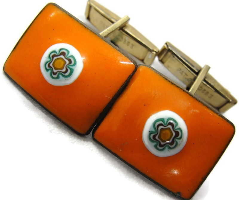 Orange Mosaic Enamel  Cufflinks Rectangle Shirt Accessories Wedding Vintage
