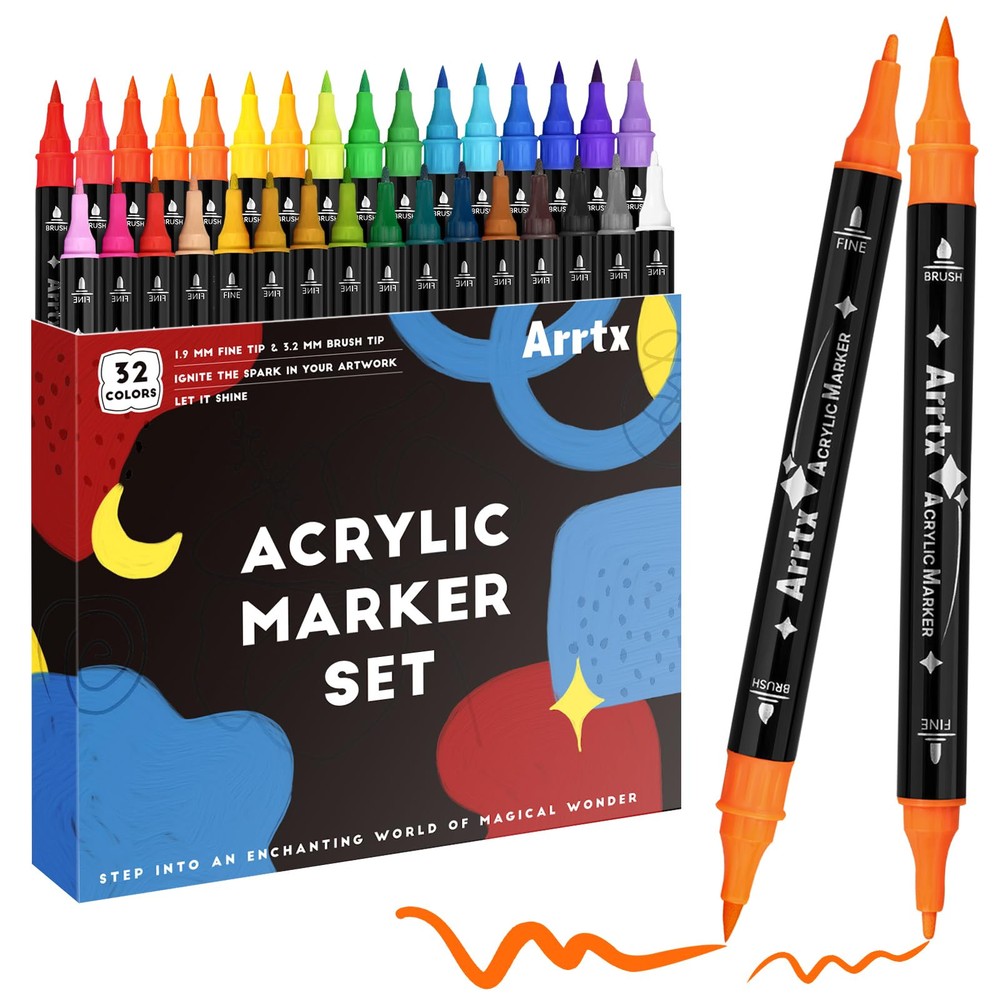 Acrylic Pens Paint Markers 32 Colors, Dual Tip Acrylic Paint Markers with Bru...